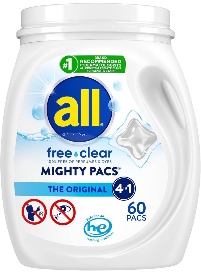 All Mighty Pacs Laundry Detergent Free Clear for Sensitive Skin, Tub, 60 Count - Image 1